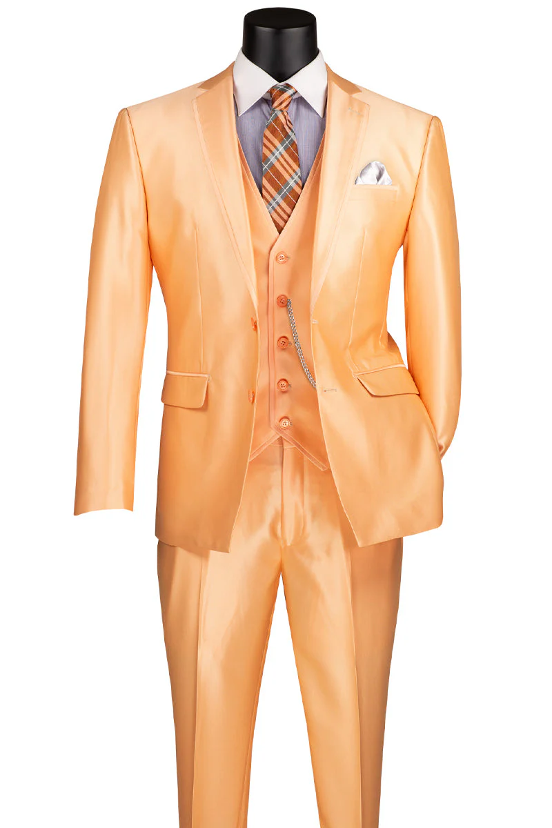 Men's Vested Slim Fit Shiny Sharkskin Wedding & Prom Tuxedo Suit in Orange - Image 2
