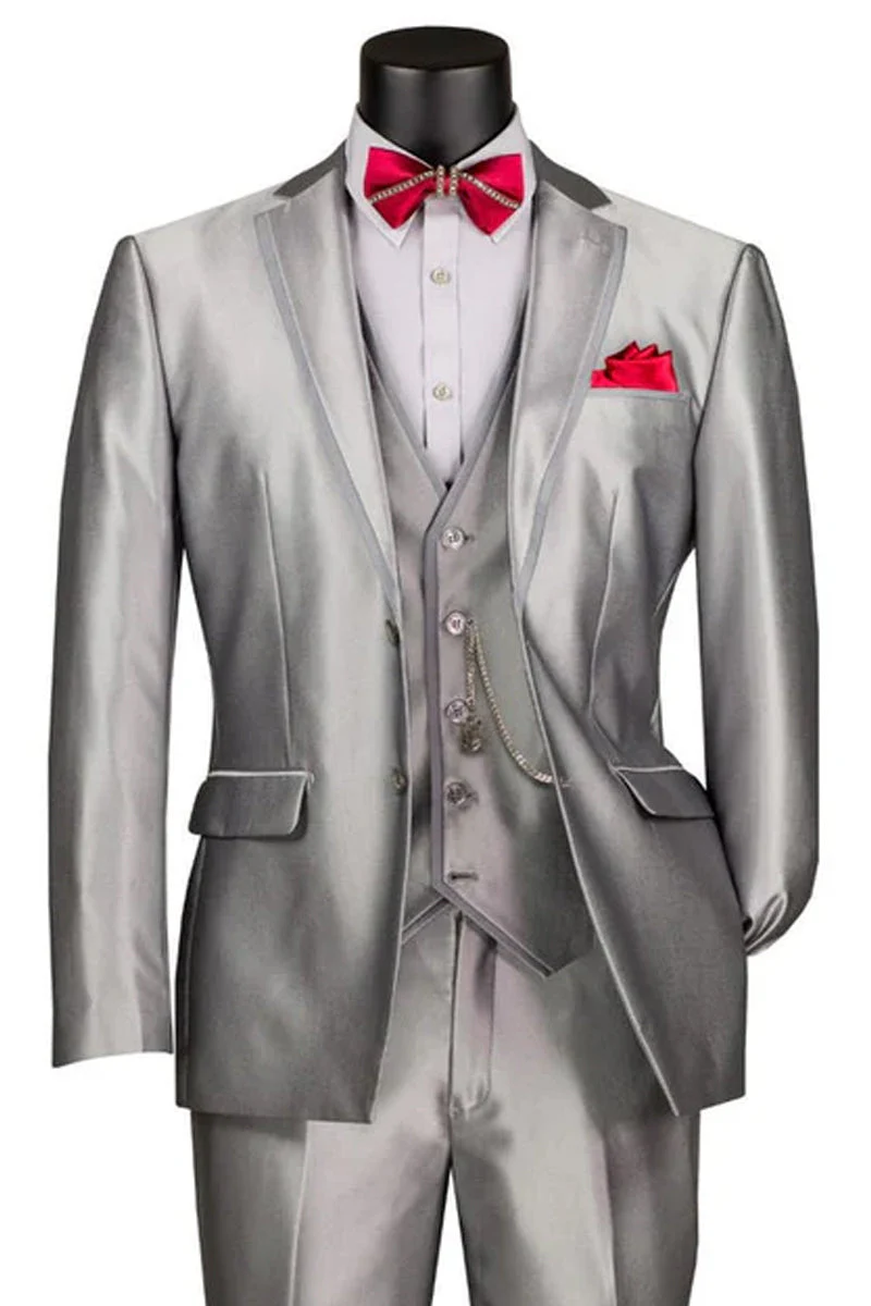 Men's Vested Slim Fit Shiny Sharkskin Wedding & Prom Tuxedo Suit in Silver Grey