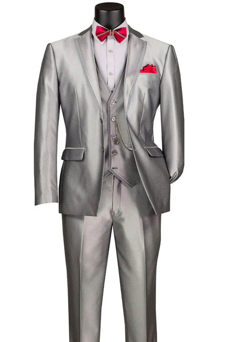 Men's Vested Slim Fit Shiny Sharkskin Wedding & Prom Tuxedo Suit in Silver Grey - Image 2