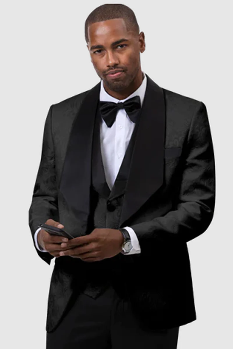 Mens Vested Square Shawl Paisley Prom & Wedding Tuxedo Jacket & Vest in Black