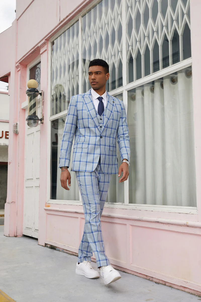 Men's Vested Stacy Adam's Peak Lapel Fancy Plaid Suit in Grey & Blue Windowpane Plaid - Image 2