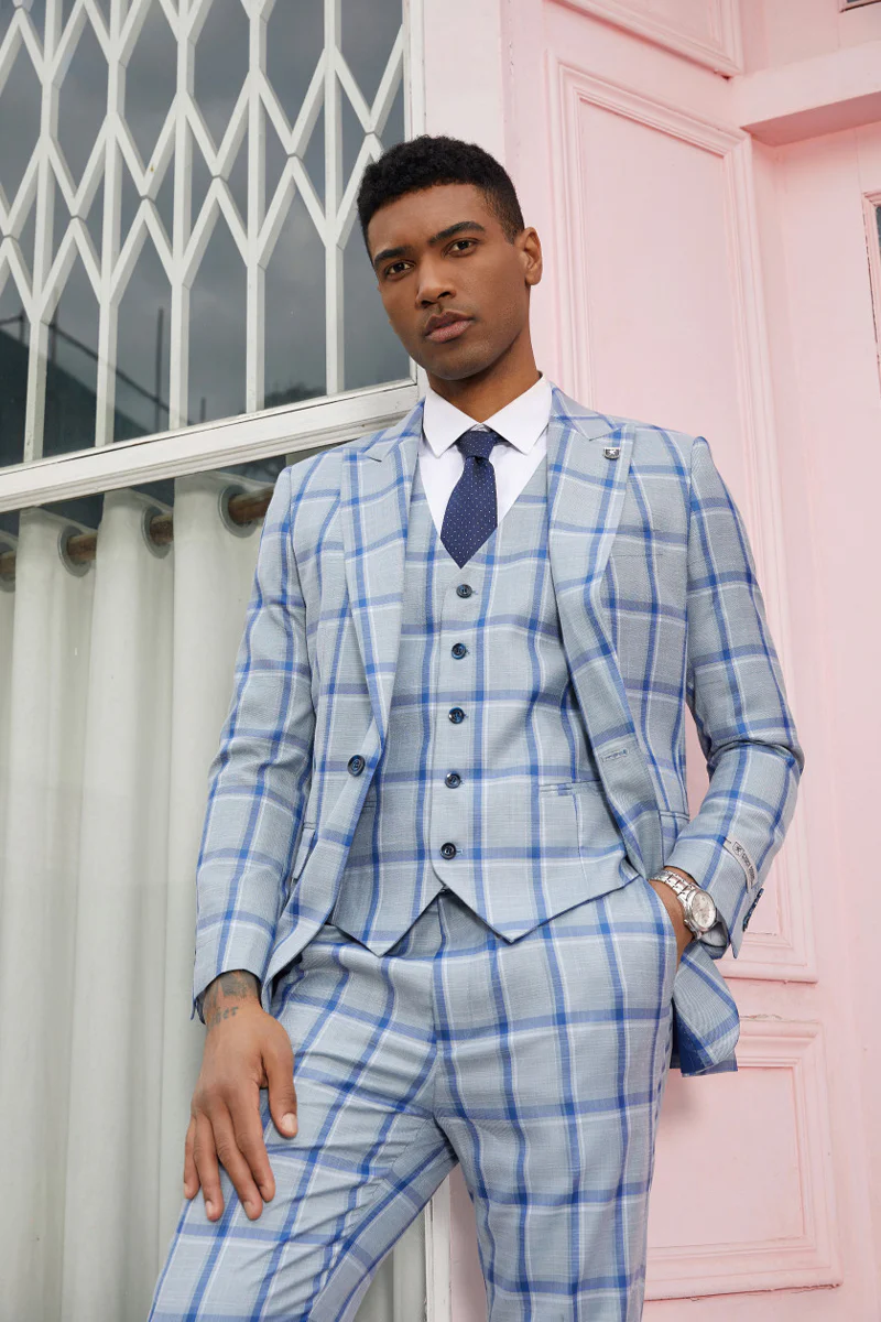 Men's Vested Stacy Adam's Peak Lapel Fancy Plaid Suit in Grey & Blue Windowpane Plaid - Image 3
