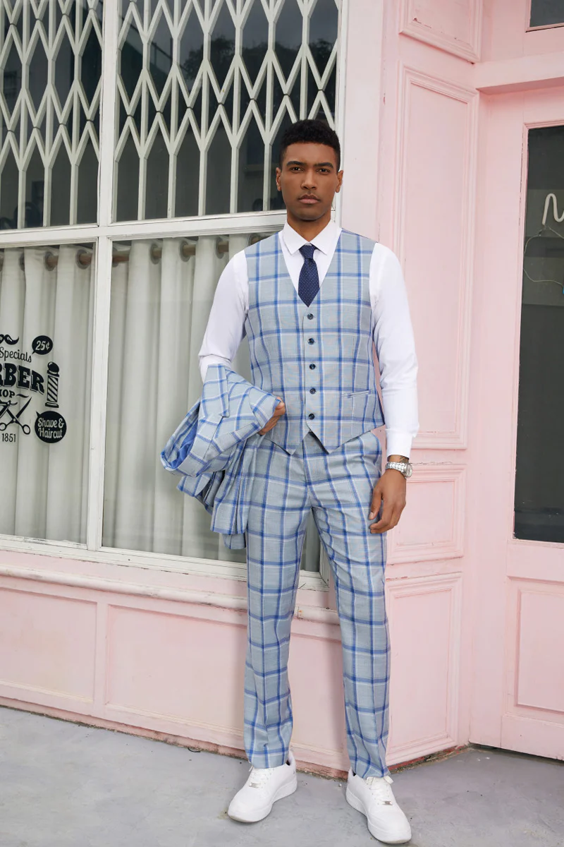 Men's Vested Stacy Adam's Peak Lapel Fancy Plaid Suit in Grey & Blue Windowpane Plaid - Image 4
