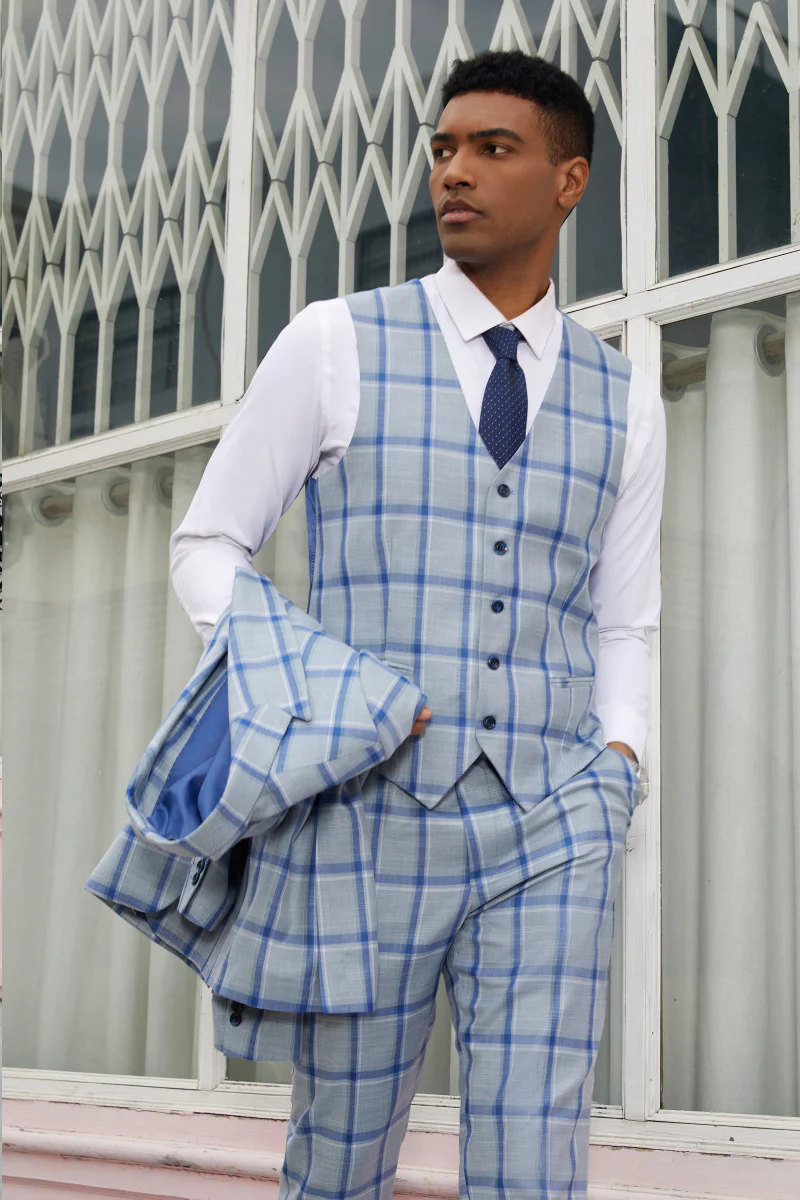 Men's Vested Stacy Adam's Peak Lapel Fancy Plaid Suit in Grey & Blue Windowpane Plaid - Image 5