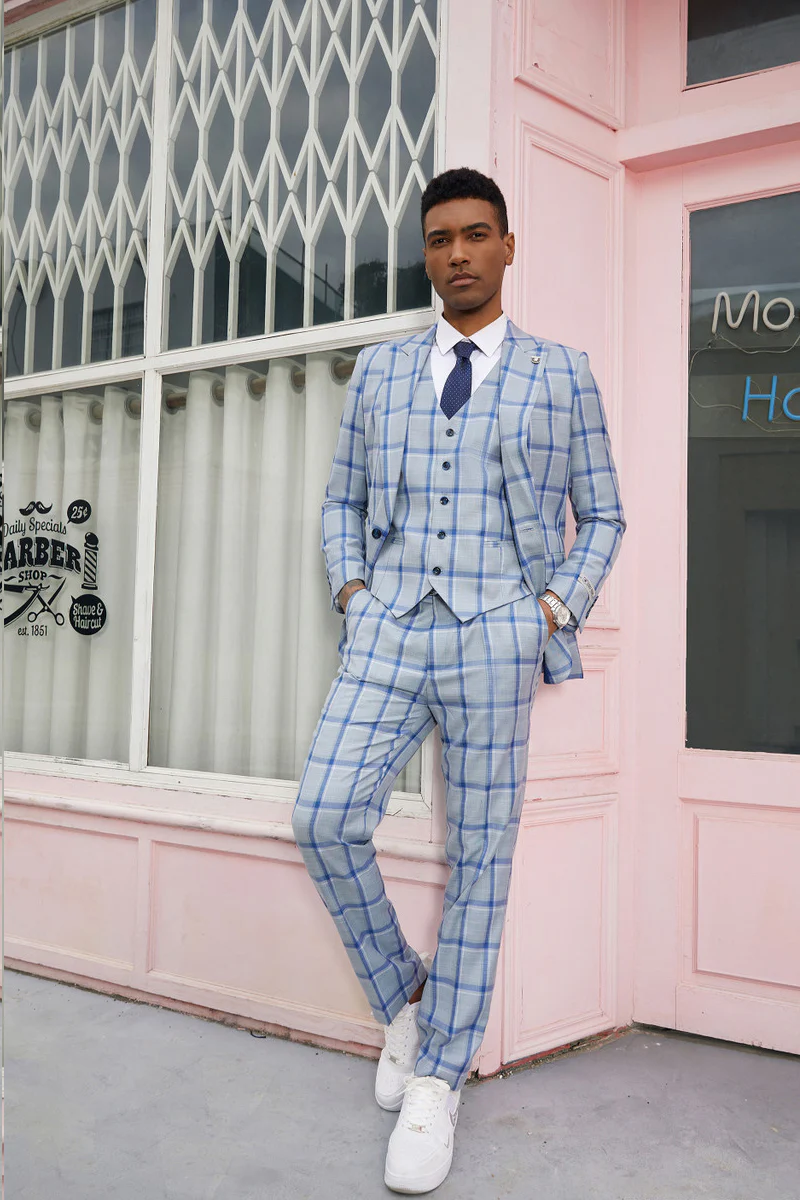 Men's Vested Stacy Adam's Peak Lapel Fancy Plaid Suit in Grey & Blue Windowpane Plaid - Image 6