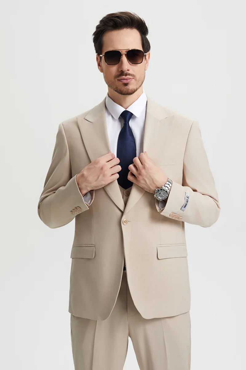Men's Vested One Button Peak Lapel Stacy Adams Designer Suit in Tan