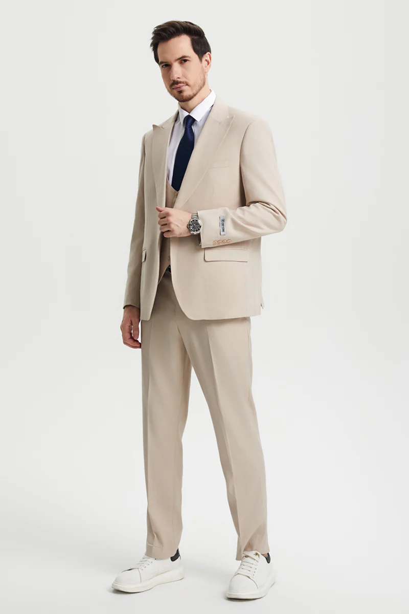 Men's Vested One Button Peak Lapel Stacy Adams Designer Suit in Tan - Image 3