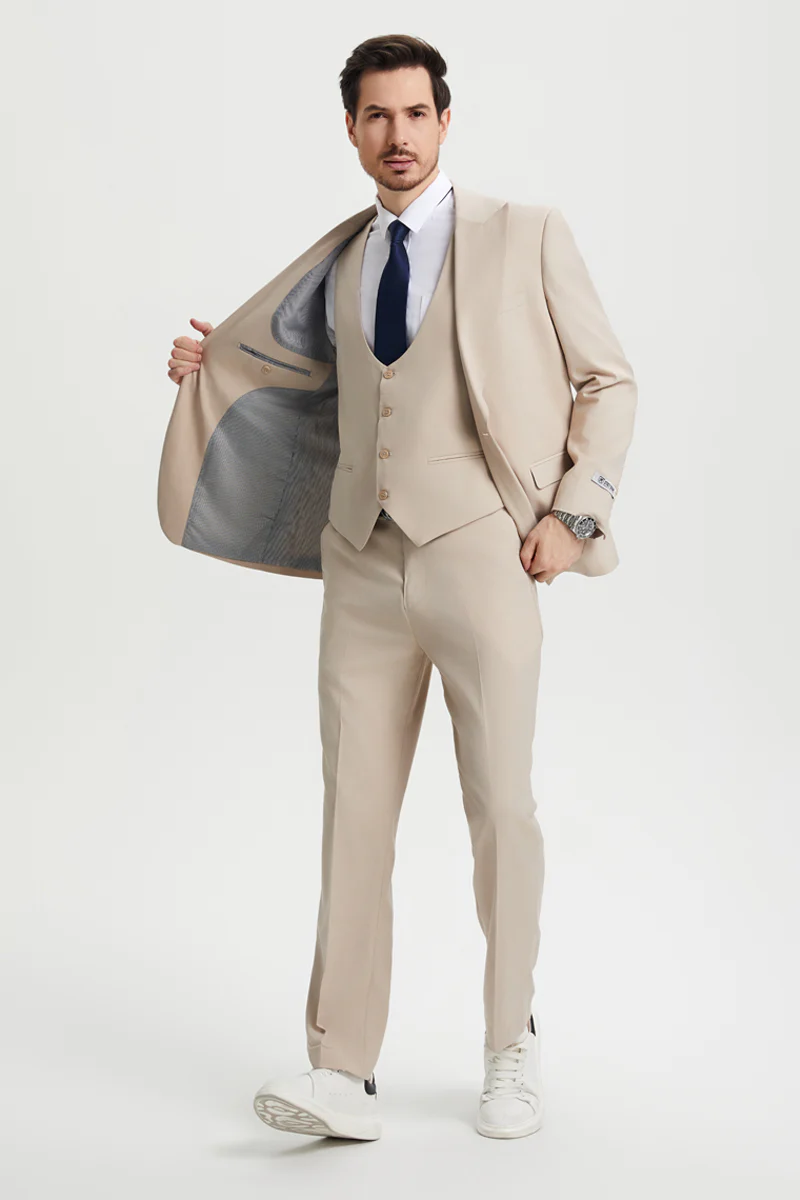 Men's Vested One Button Peak Lapel Stacy Adams Designer Suit in Tan - Image 4