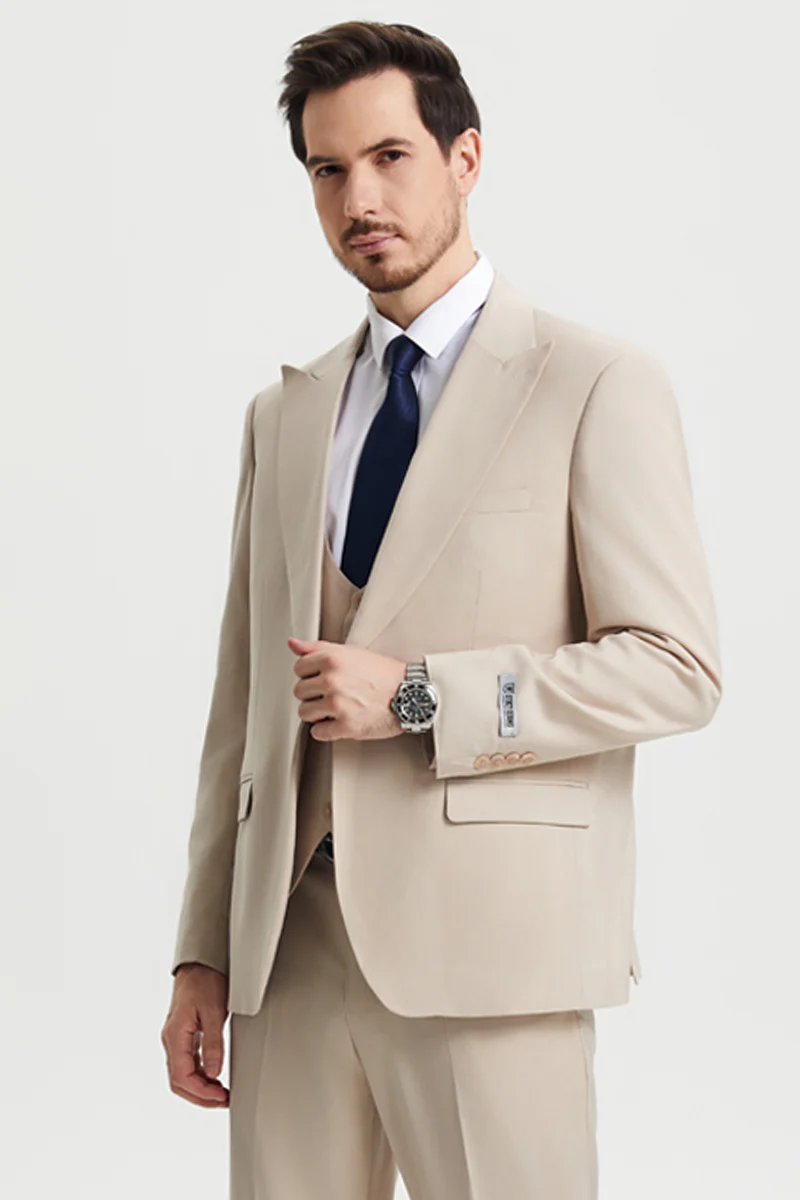 Men's Vested One Button Peak Lapel Stacy Adams Designer Suit in Tan - Image 6