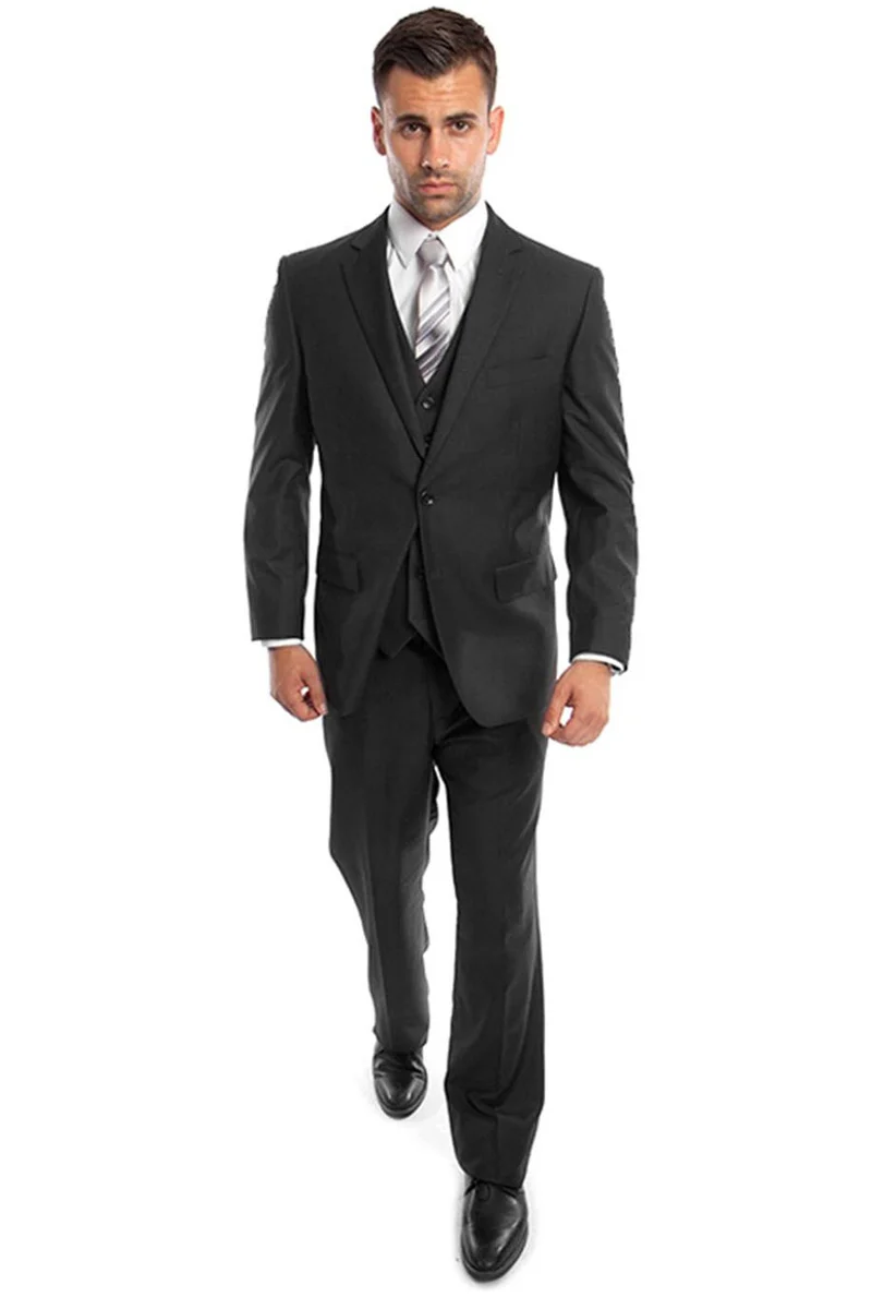 Men's Vested Two Button Solid Color Wedding & Business Suit in Black - Image 2