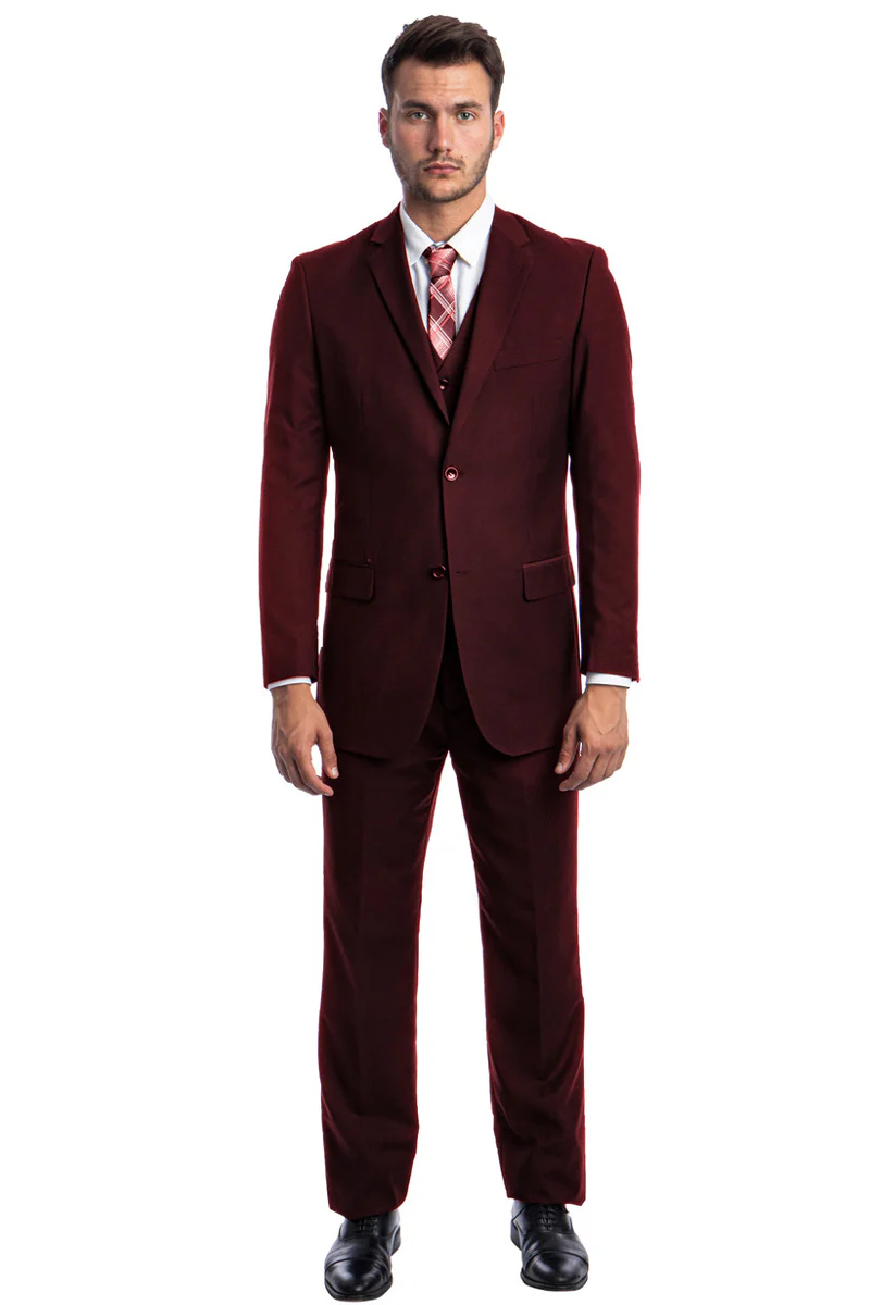 Men's Vested Two Button Solid Color Wedding & Business Suit in Burgundy - Image 2