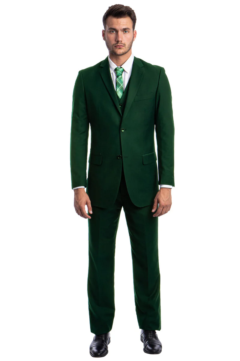 Men's Vested Two Button Solid Color Wedding & Business Suit in Hunter Green - Image 2