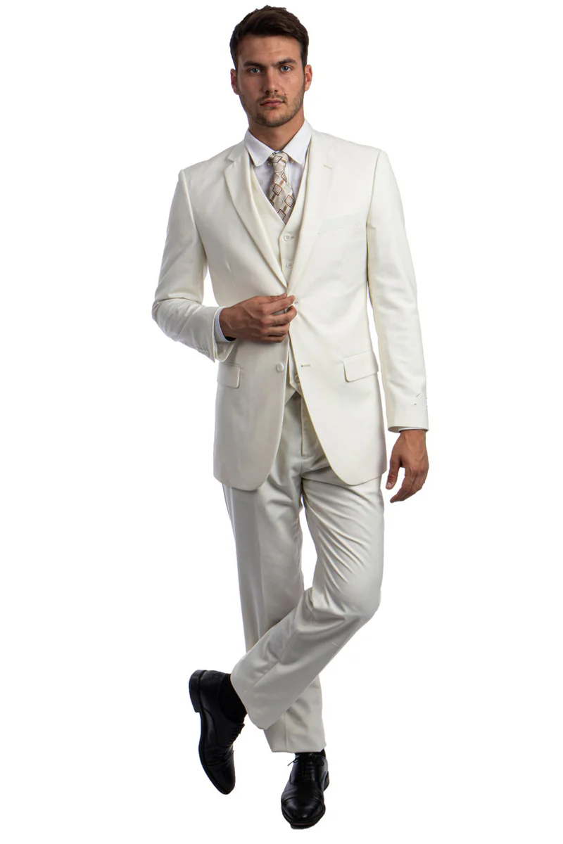 Men's Vested Two Button Solid Color Wedding & Business Suit in Ivory - Image 2