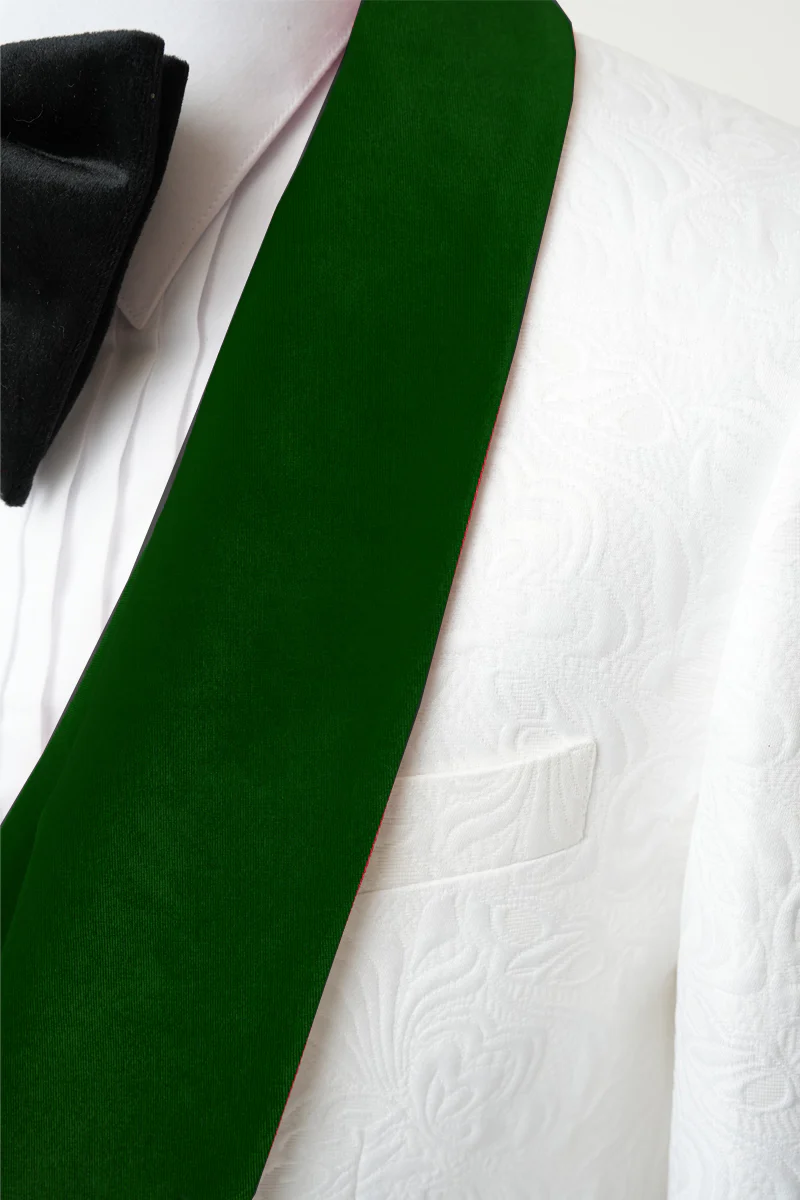 Men's Vested White Paisley Wedding & Prom Tuxedo with Hunter Green Velvet Lapel - Image 3