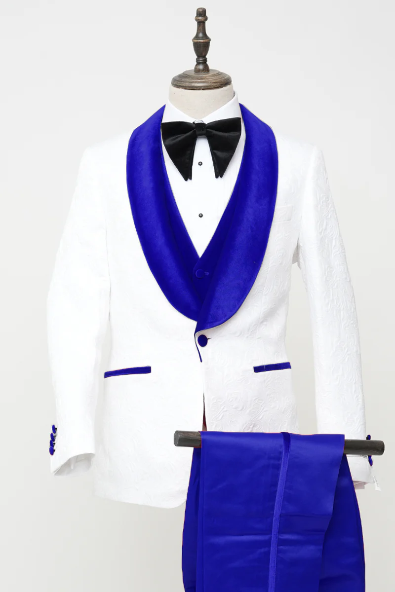 Men's Vested White Paisley Wedding & Prom Tuxedo with Royal Blue Velvet Lapel - Image 2
