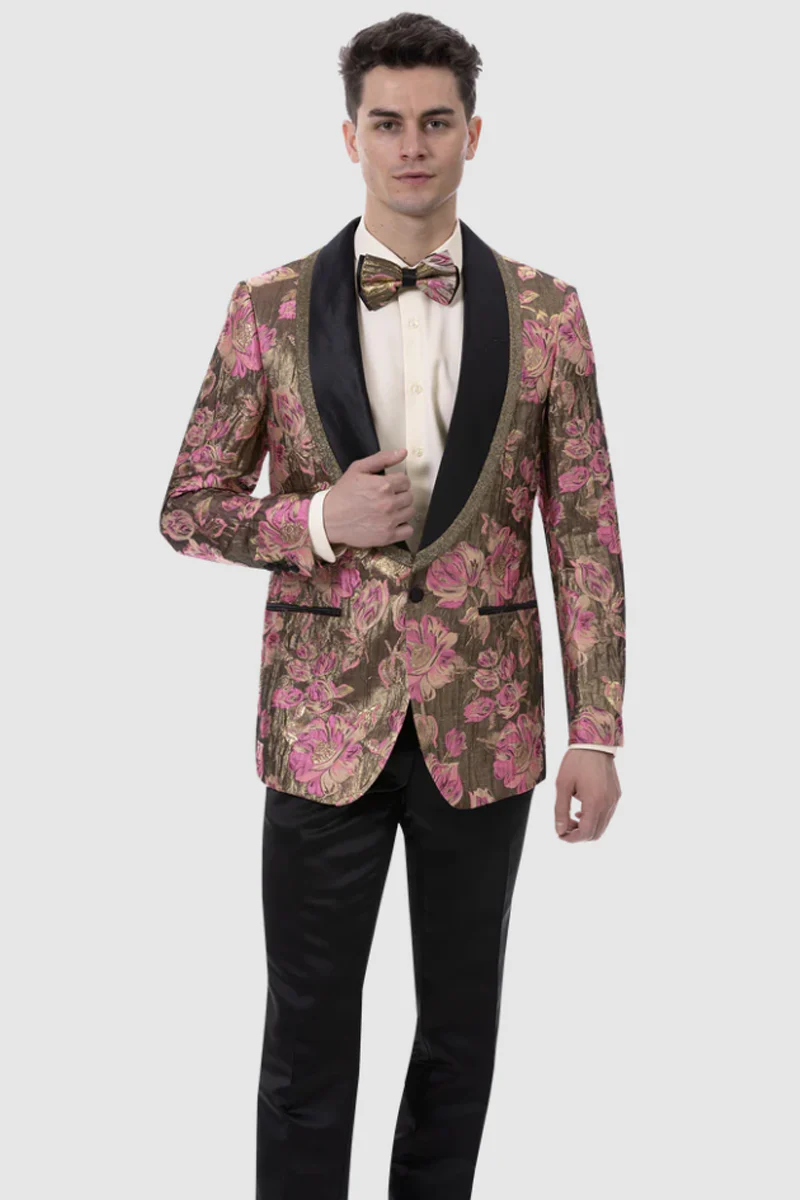 Mens Vintage Style Floral Paisley Prom Tuxedo Smoking Jacket in Fuschia & Gold