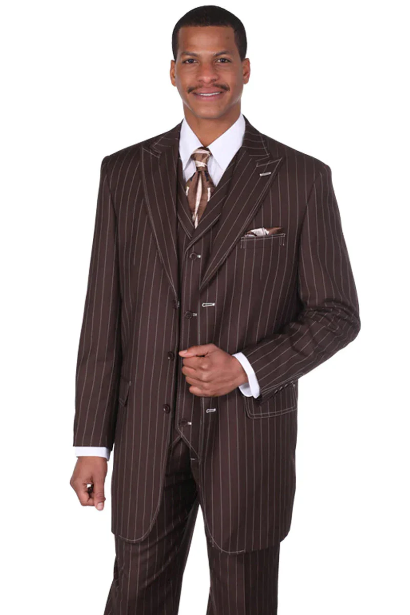 Mens Vintage Vested Gangster Bold Pinstripe Fashion Suit in Brown | CLOSE OUT 46L