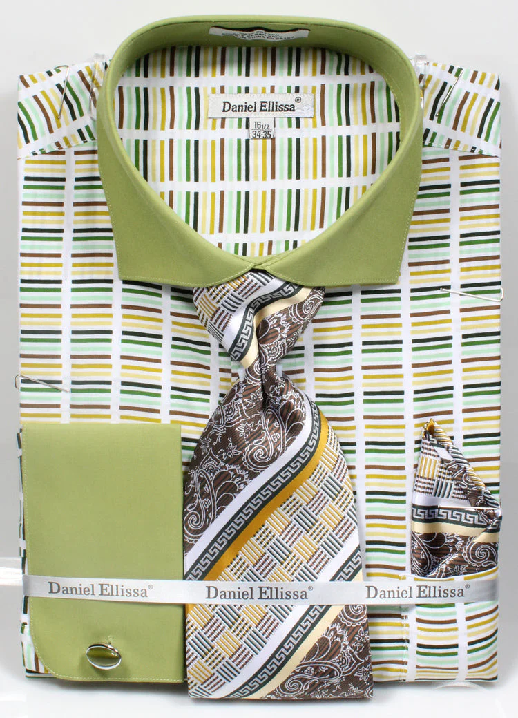 Men's Wide Spread Collar Contrast Cuff Horizontal Multi Stripe Dress Shirt & Tie Set in Green