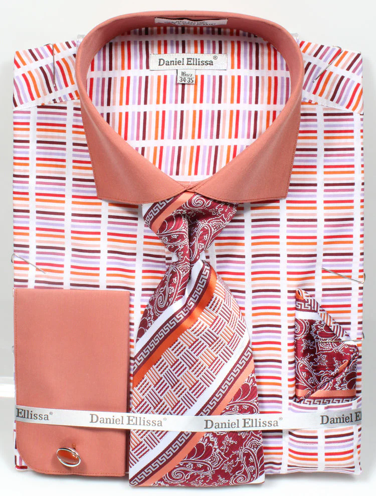 Men's Wide Spread Collar Contrast Cuff Horizontal Multi Stripe Dress Shirt & Tie Set in Rust