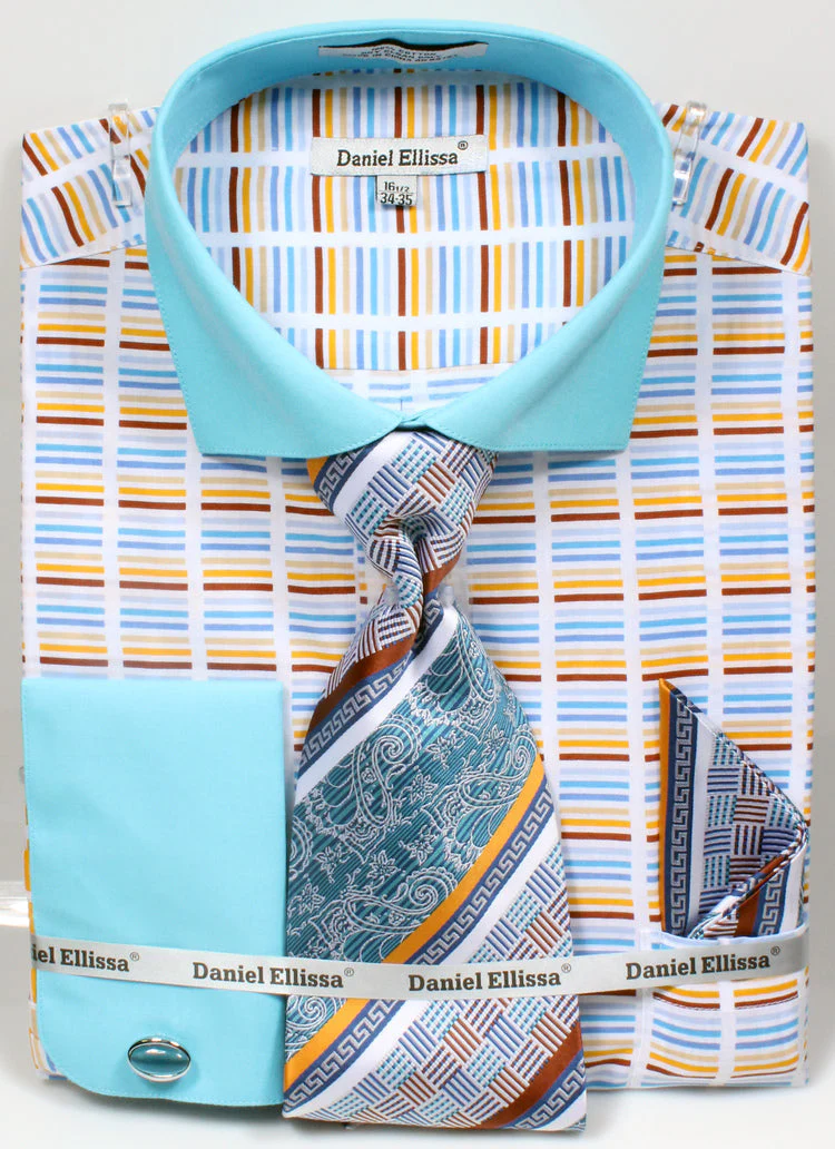 Men's Wide Spread Collar Contrast Cuff Horizontal Multi Stripe Dress Shirt & Tie Set in Turquoise