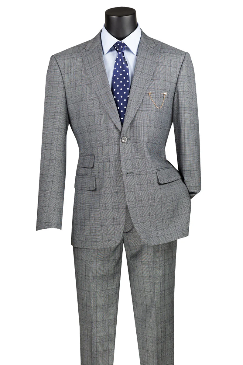 Men's Two Button Modern Fit Peak Lapel Plaid Suit in Medium Grey - Image 2