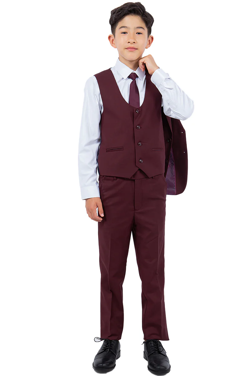 Perry Ellis Vested Boy's Wedding Suit in Burgundy - Image 3