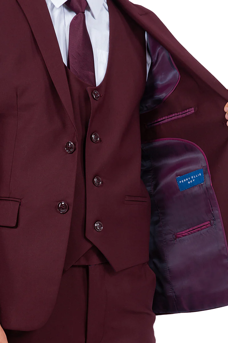 Perry Ellis Vested Boy's Wedding Suit in Burgundy - Image 4